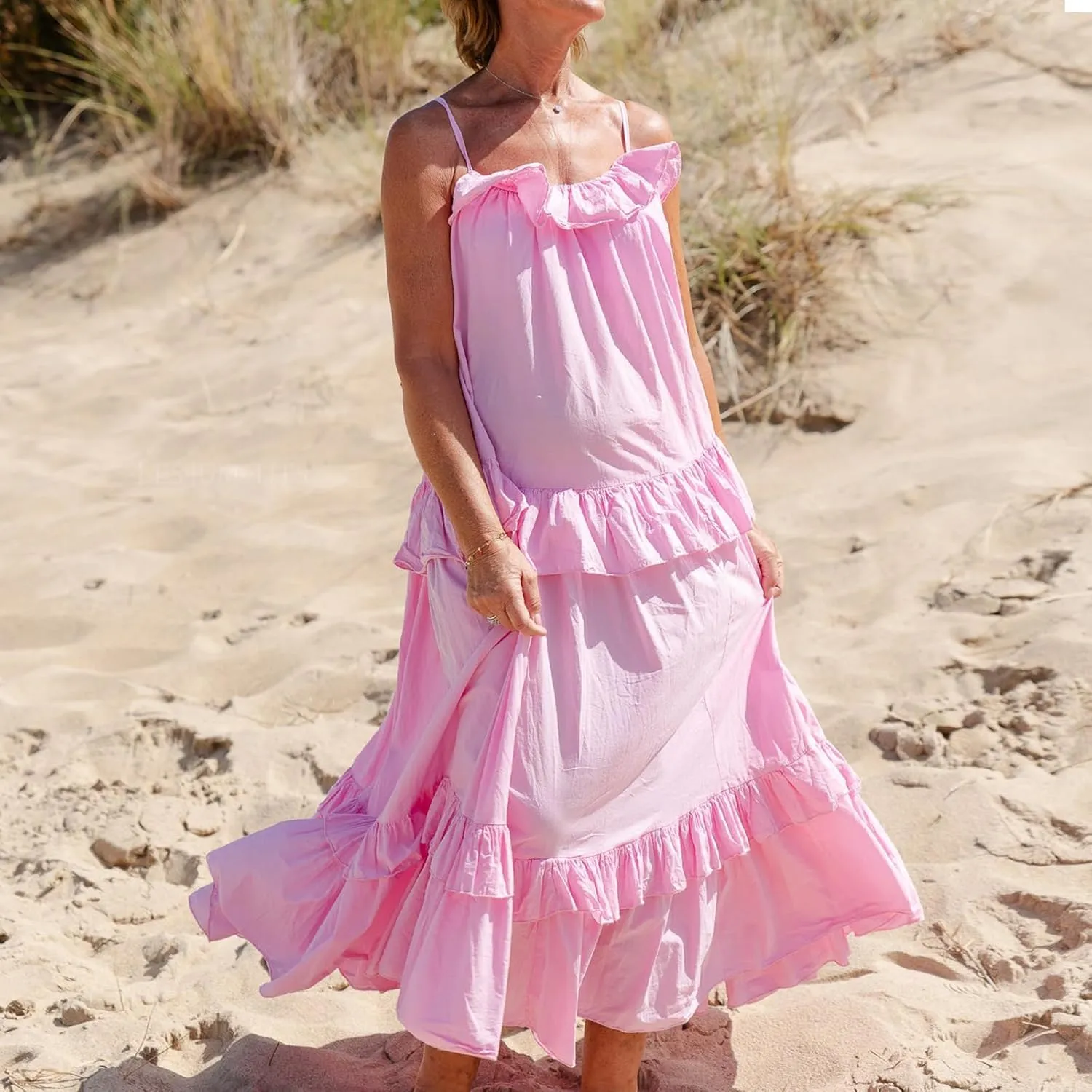 Summer Maxi Dress for Women Sleeveless Spaghetti Strap Ruffle Tiered Maxi Sundress Loose Backless Long Beach Dress