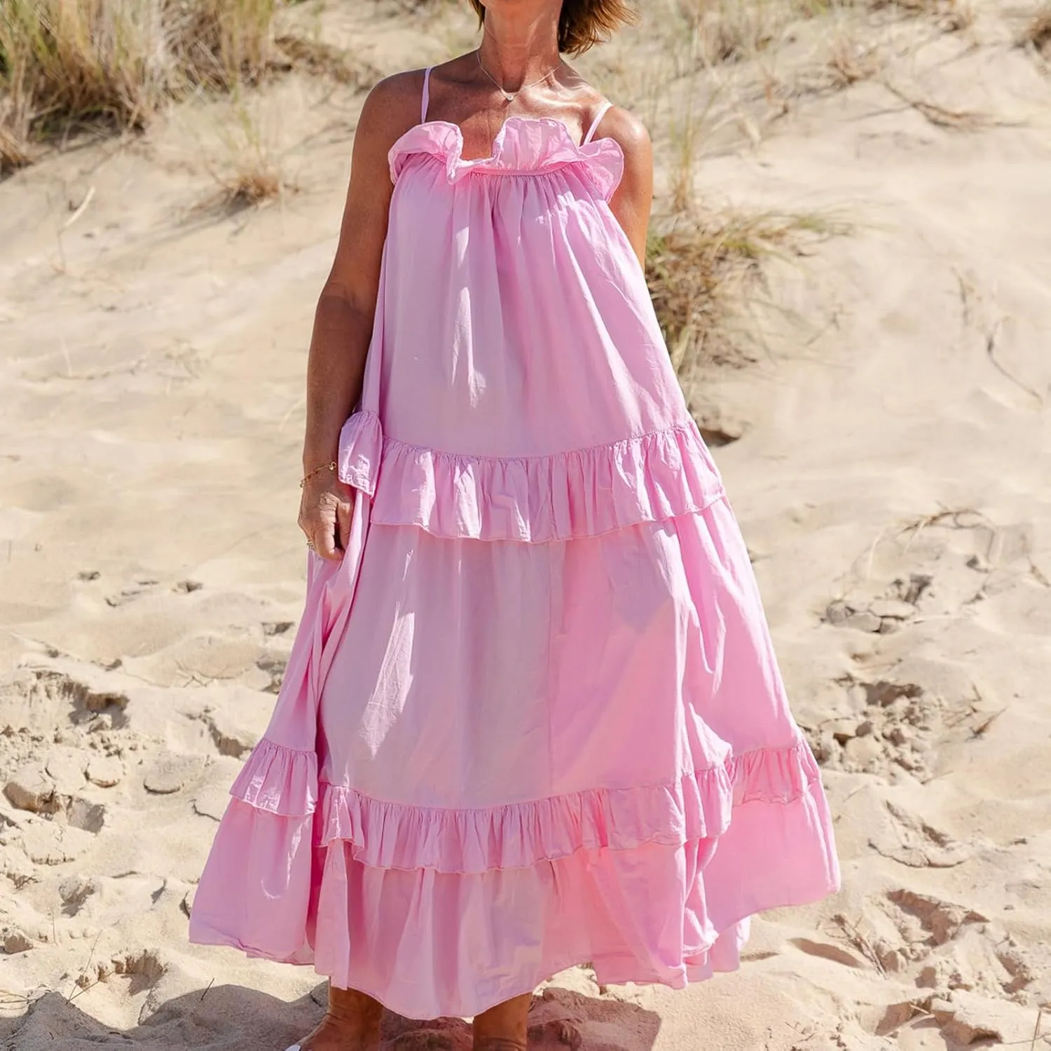 Summer Maxi Dress for Women Sleeveless Spaghetti Strap Ruffle Tiered Maxi Sundress Loose Backless Long Beach Dress