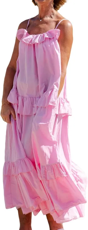Summer Maxi Dress for Women Sleeveless Spaghetti Strap Ruffle Tiered Maxi Sundress Loose Backless Long Beach Dress