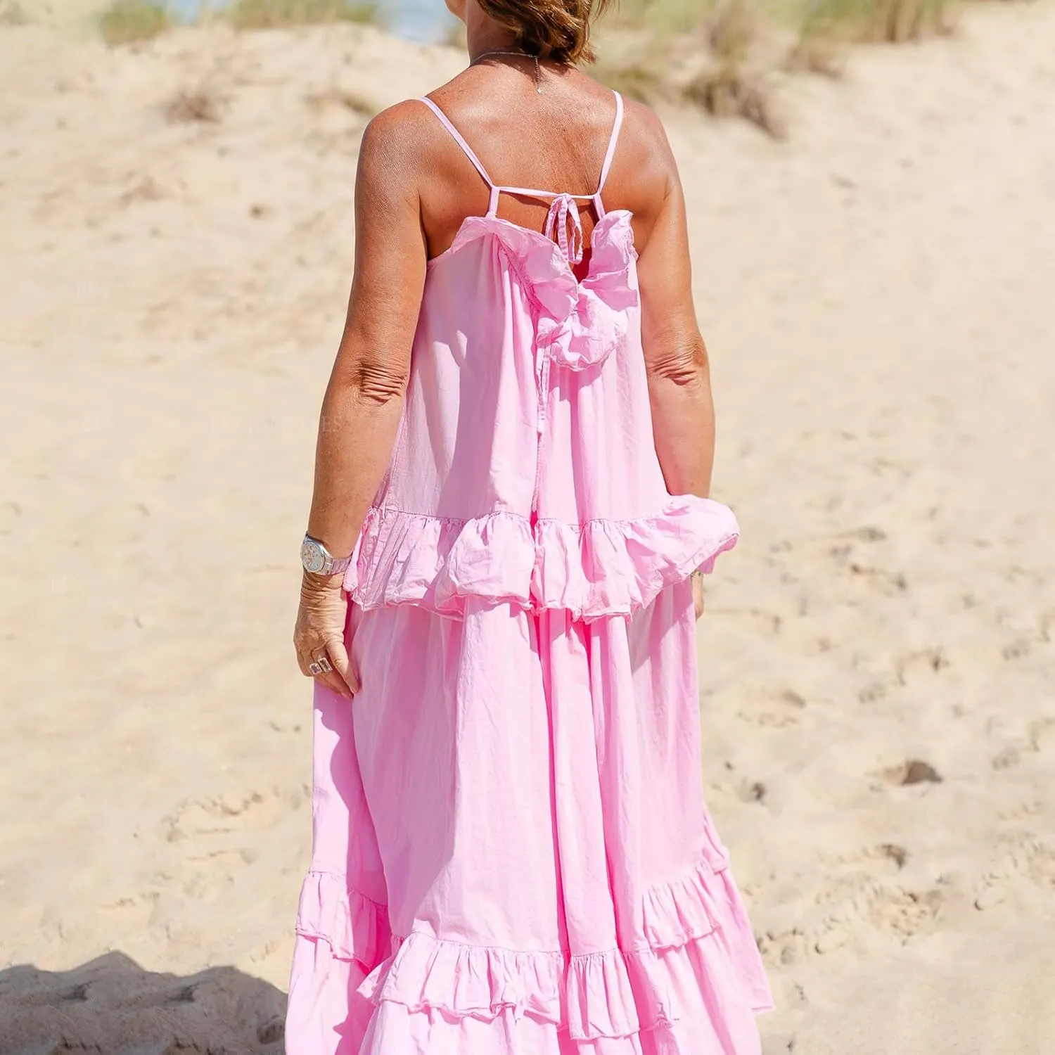Summer Maxi Dress for Women Sleeveless Spaghetti Strap Ruffle Tiered Maxi Sundress Loose Backless Long Beach Dress