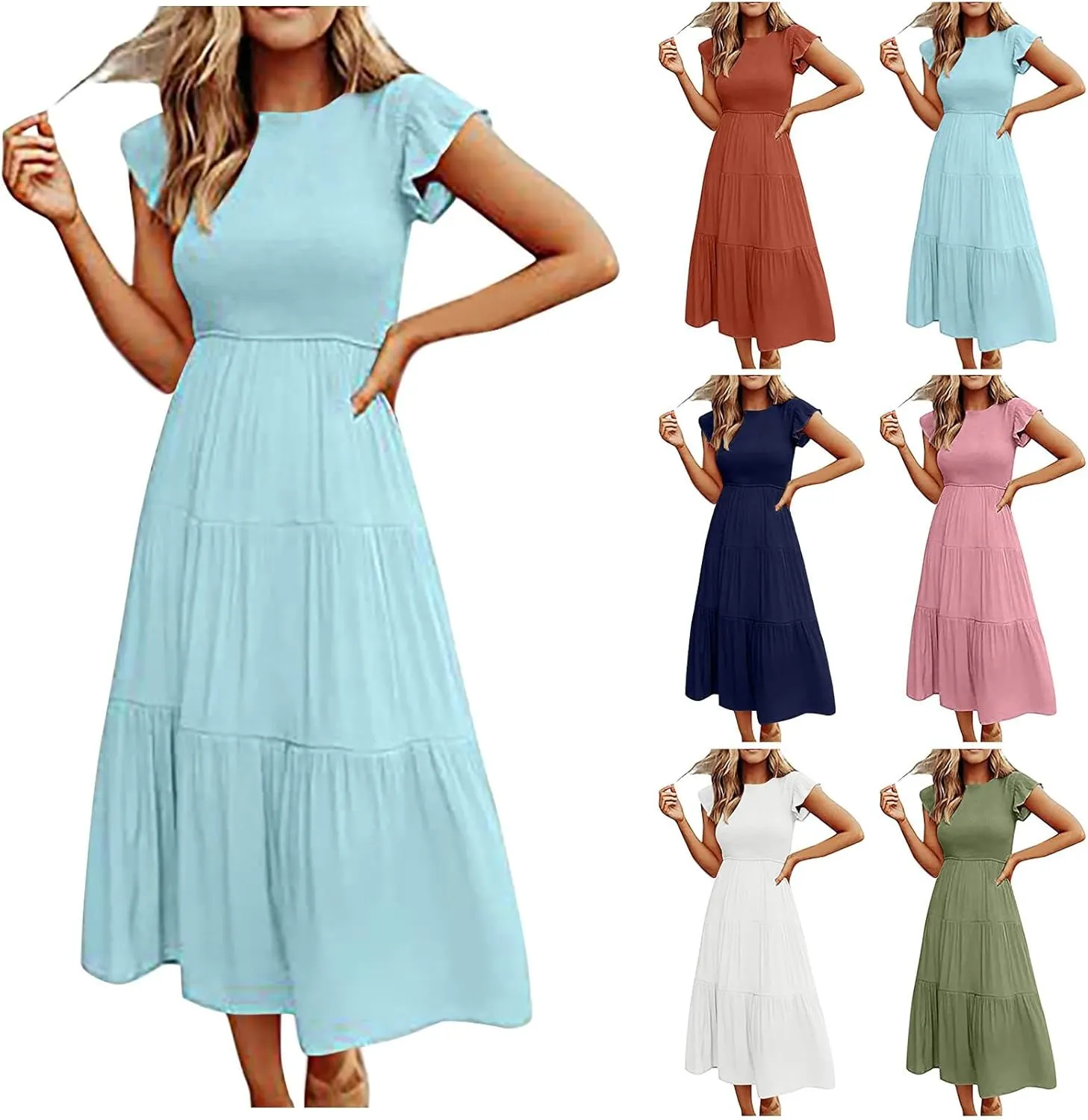 Summer Midi Dress for Women Ruffle Sleeve Crew Neck Sundress Beach Vacation Resort Knee Length Smocked Dresses