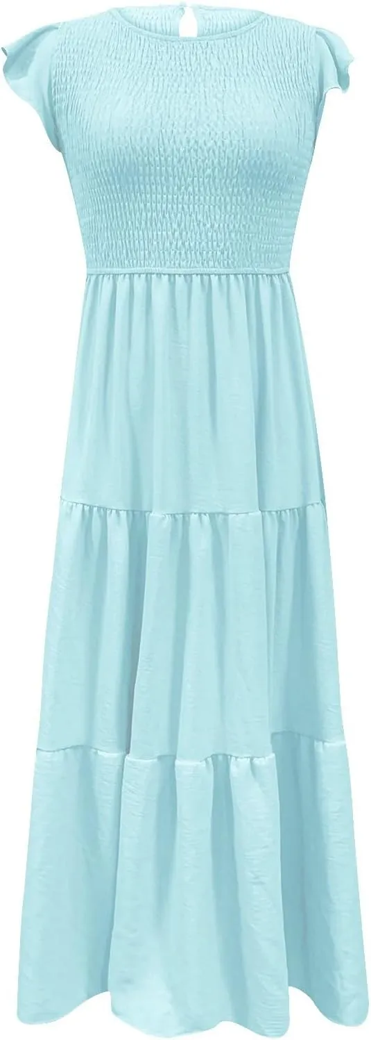 Summer Midi Dress for Women Ruffle Sleeve Crew Neck Sundress Beach Vacation Resort Knee Length Smocked Dresses
