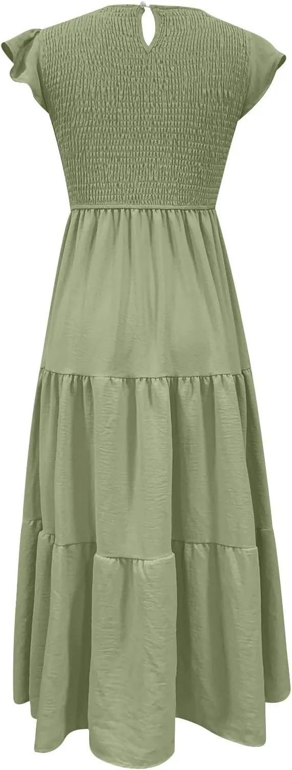 Summer Midi Dress for Women Ruffle Sleeve Crew Neck Sundress Beach Vacation Resort Knee Length Smocked Dresses