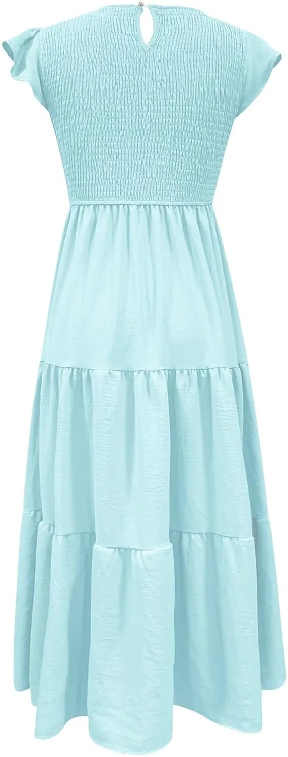 Summer Midi Dress for Women Ruffle Sleeve Crew Neck Sundress Beach Vacation Resort Knee Length Smocked Dresses