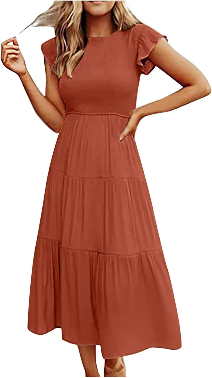 Summer Midi Dress for Women Ruffle Sleeve Crew Neck Sundress Beach Vacation Resort Knee Length Smocked Dresses