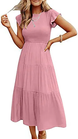 Summer Midi Dress for Women Ruffle Sleeve Crew Neck Sundress Beach Vacation Resort Knee Length Smocked Dresses