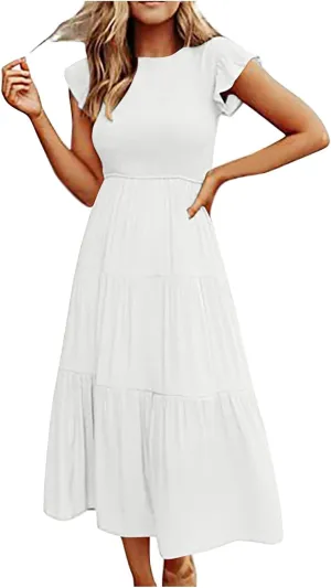 Summer Midi Dress for Women Ruffle Sleeve Crew Neck Sundress Beach Vacation Resort Knee Length Smocked Dresses