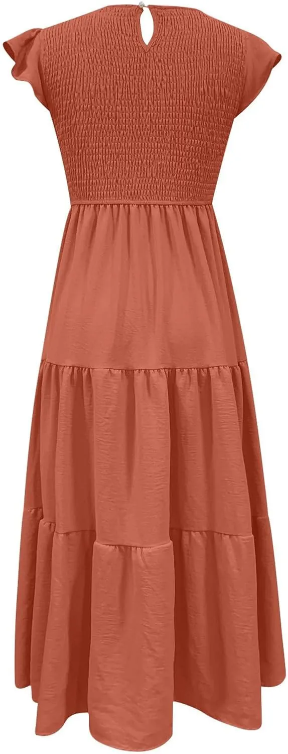 Summer Midi Dress for Women Ruffle Sleeve Crew Neck Sundress Beach Vacation Resort Knee Length Smocked Dresses