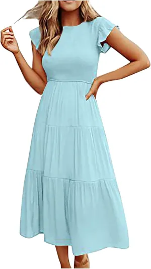 Summer Midi Dress for Women Ruffle Sleeve Crew Neck Sundress Beach Vacation Resort Knee Length Smocked Dresses