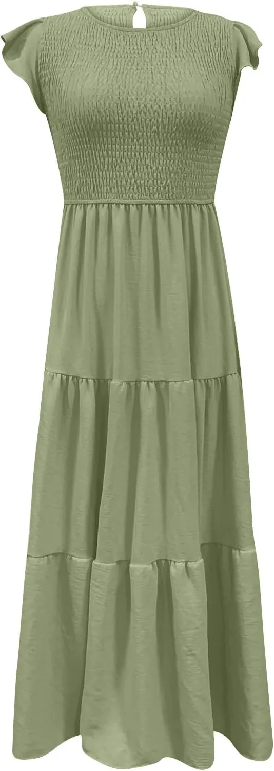 Summer Midi Dress for Women Ruffle Sleeve Crew Neck Sundress Beach Vacation Resort Knee Length Smocked Dresses