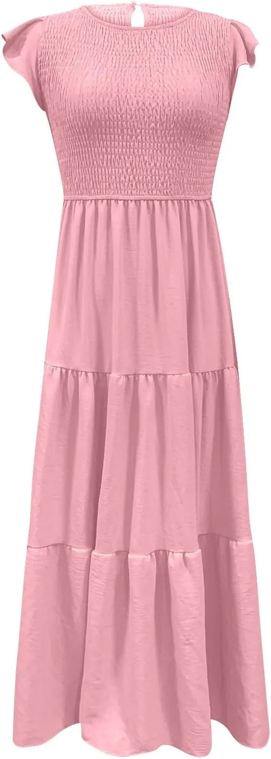 Summer Midi Dress for Women Ruffle Sleeve Crew Neck Sundress Beach Vacation Resort Knee Length Smocked Dresses