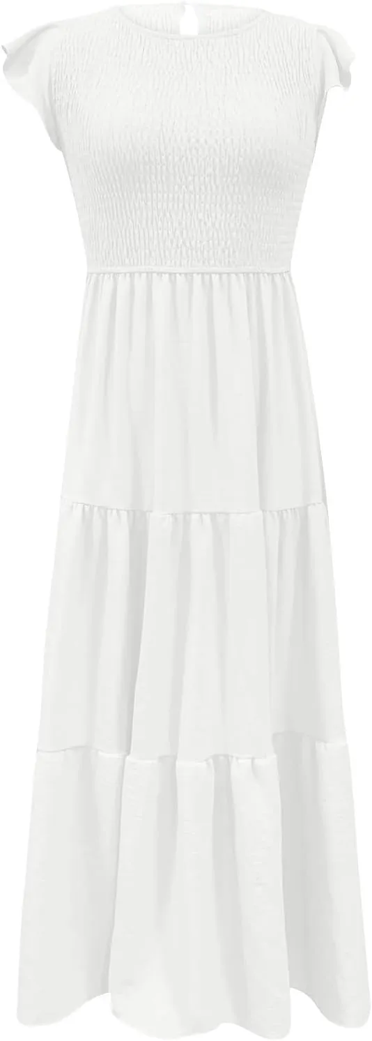 Summer Midi Dress for Women Ruffle Sleeve Crew Neck Sundress Beach Vacation Resort Knee Length Smocked Dresses