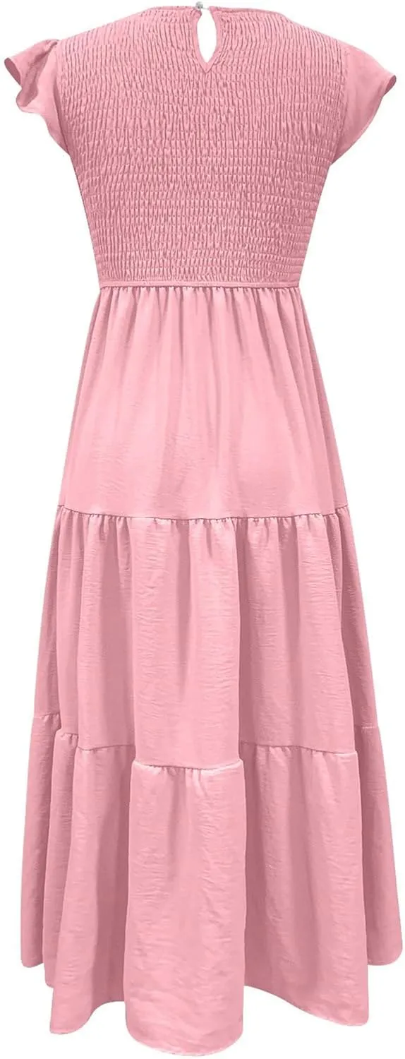 Summer Midi Dress for Women Ruffle Sleeve Crew Neck Sundress Beach Vacation Resort Knee Length Smocked Dresses