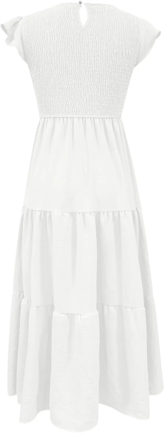 Summer Midi Dress for Women Ruffle Sleeve Crew Neck Sundress Beach Vacation Resort Knee Length Smocked Dresses
