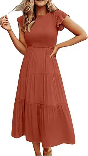 Summer Midi Dress for Women Ruffle Sleeve Crew Neck Sundress Beach Vacation Resort Knee Length Smocked Dresses