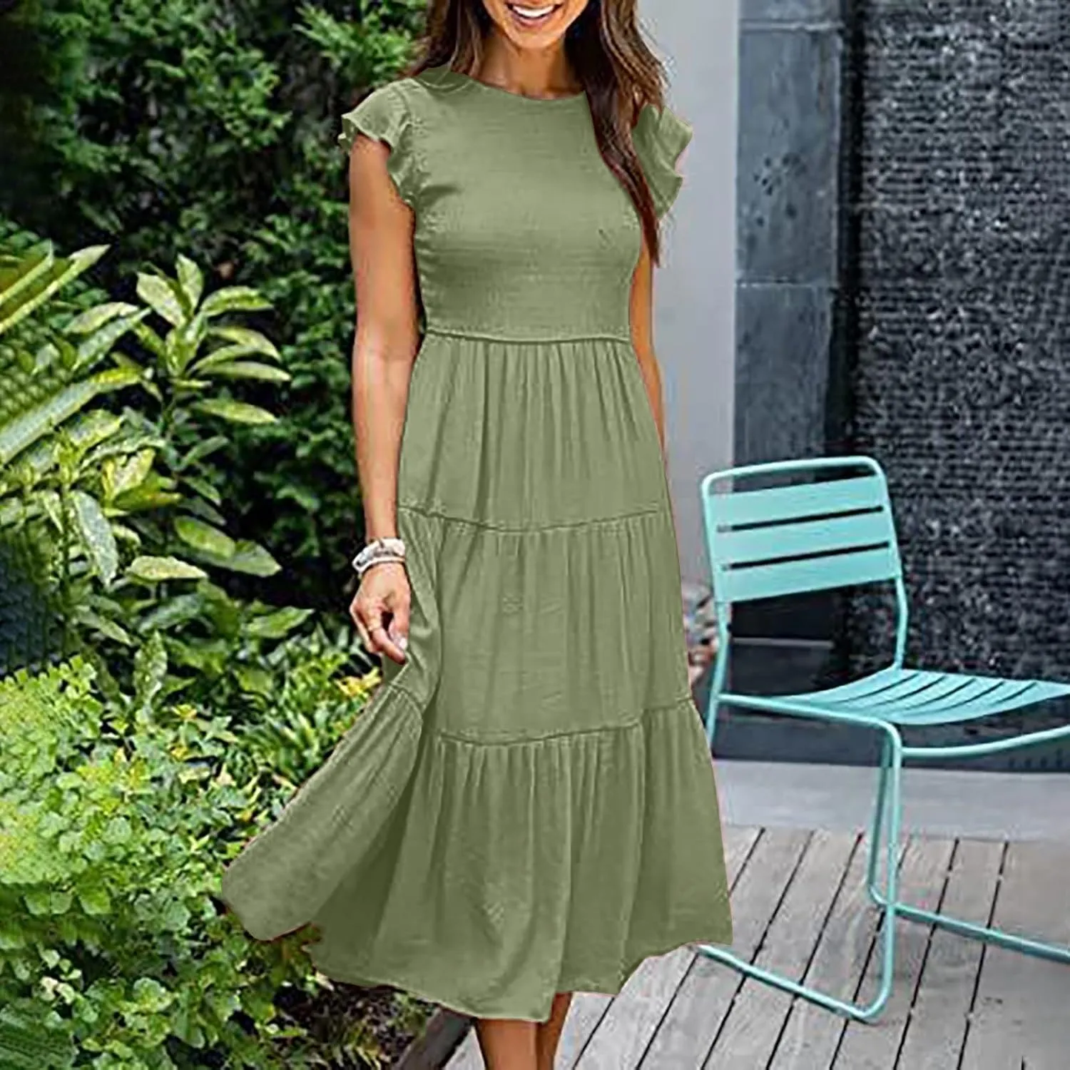 Summer Midi Dress for Women Ruffle Sleeve Crew Neck Sundress Beach Vacation Resort Knee Length Smocked Dresses