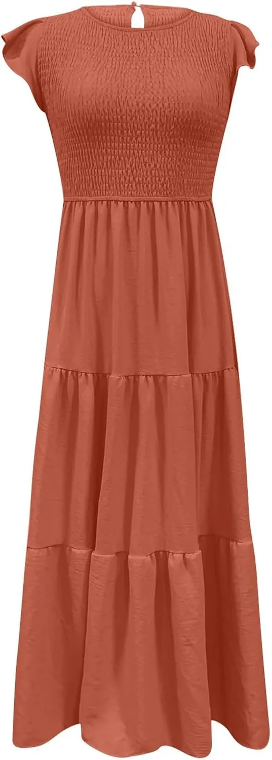 Summer Midi Dress for Women Ruffle Sleeve Crew Neck Sundress Beach Vacation Resort Knee Length Smocked Dresses
