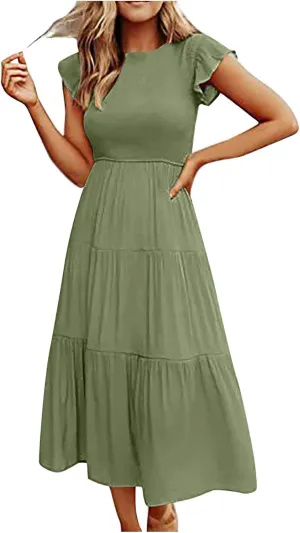 Summer Midi Dress for Women Ruffle Sleeve Crew Neck Sundress Beach Vacation Resort Knee Length Smocked Dresses