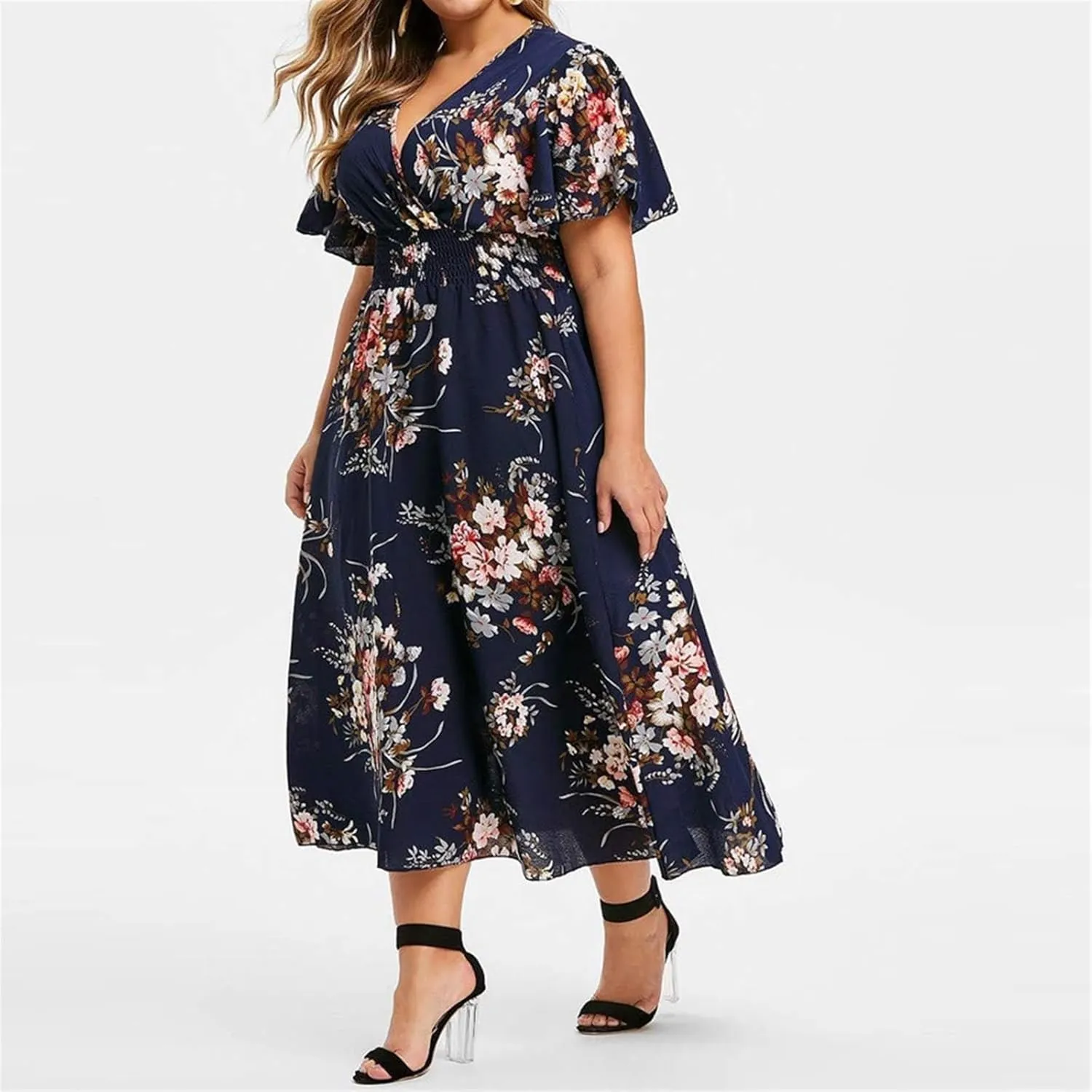 Summer New Dresses Plus Loose Fashion Floral Print Butterfly Sleeve Midi Dress Ladies Wedding Dress