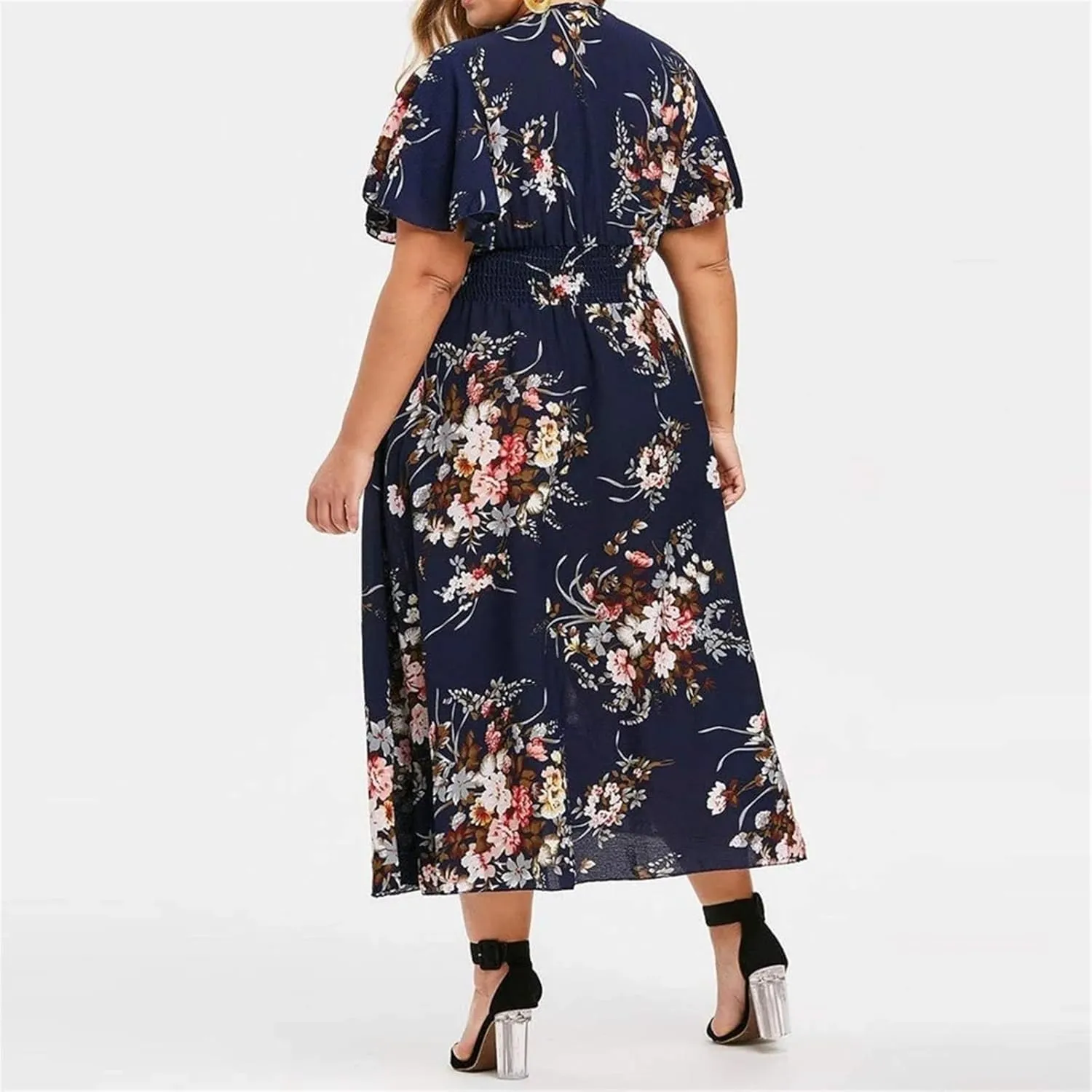 Summer New Dresses Plus Loose Fashion Floral Print Butterfly Sleeve Midi Dress Ladies Wedding Dress