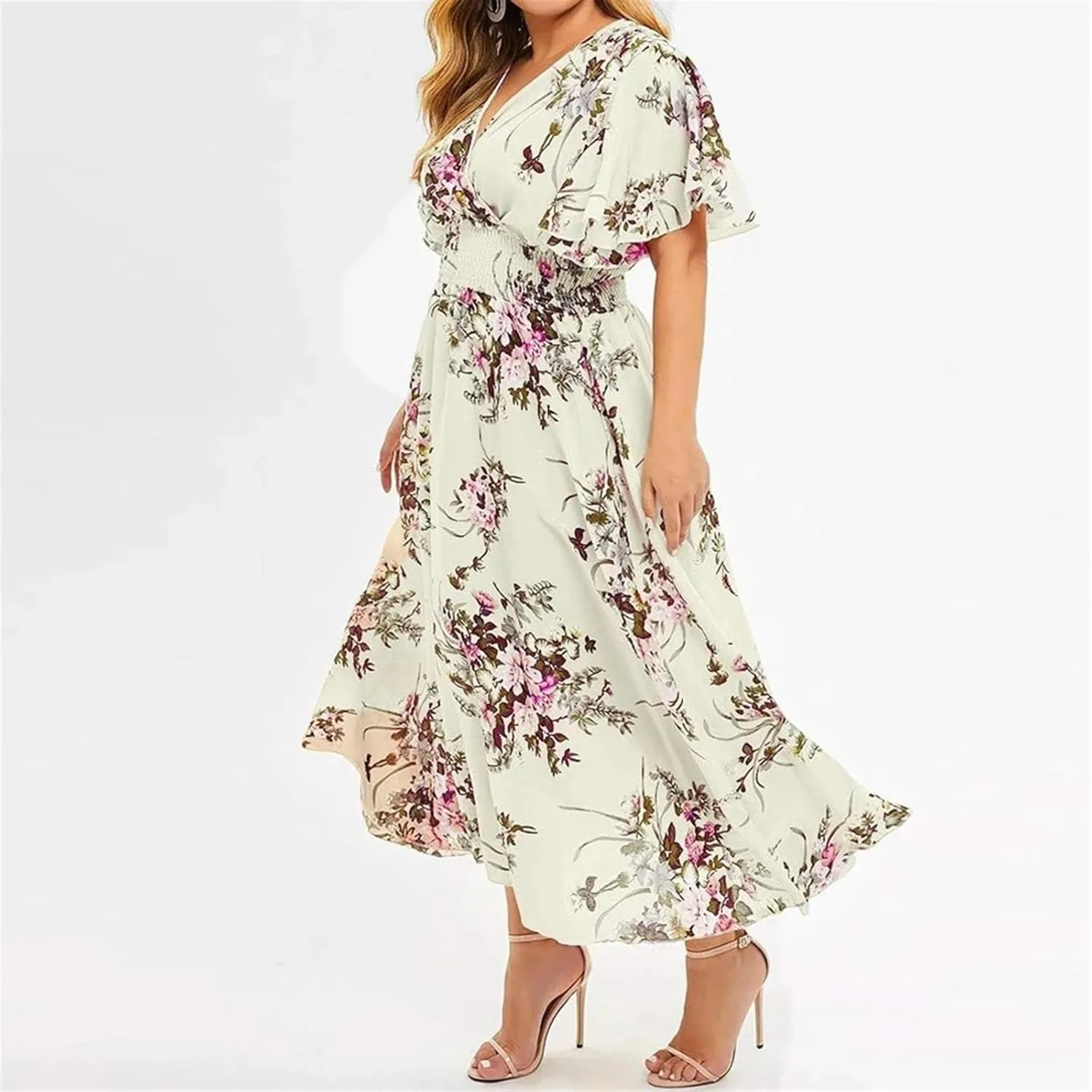Summer New Dresses Plus Loose Fashion Floral Print Butterfly Sleeve Midi Dress Ladies Wedding Dress
