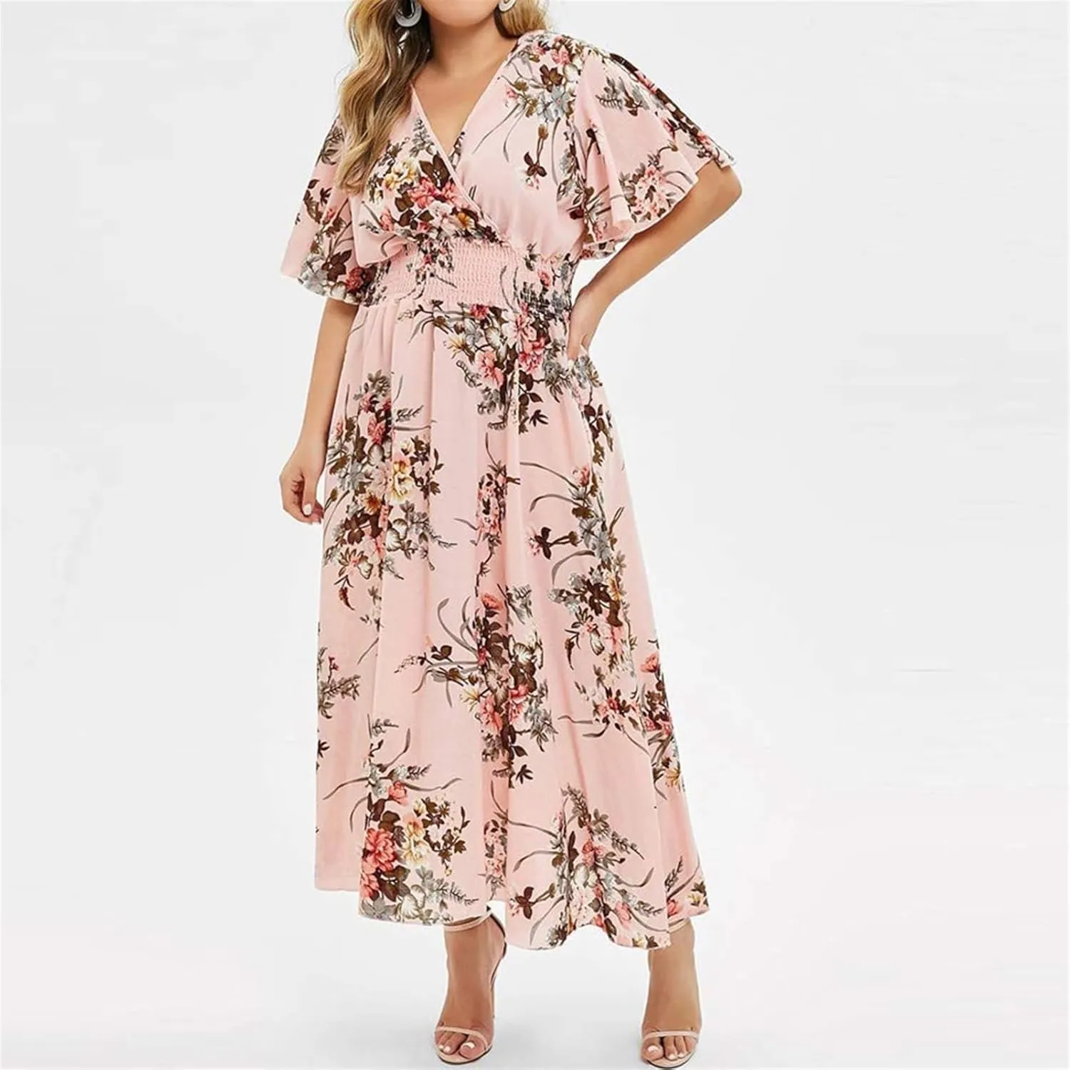 Summer New Dresses Plus Loose Fashion Floral Print Butterfly Sleeve Midi Dress Ladies Wedding Dress