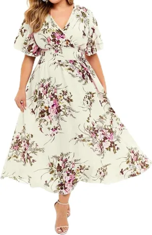 Summer New Dresses Plus Loose Fashion Floral Print Butterfly Sleeve Midi Dress Ladies Wedding Dress