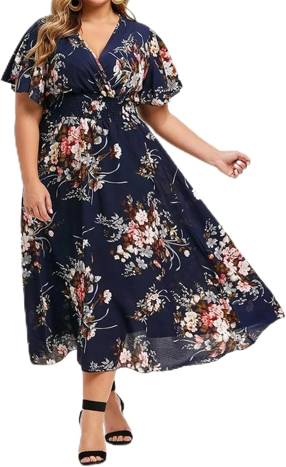Summer New Dresses Plus Loose Fashion Floral Print Butterfly Sleeve Midi Dress Ladies Wedding Dress