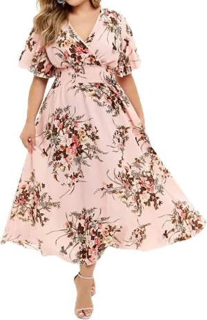 Summer New Dresses Plus Loose Fashion Floral Print Butterfly Sleeve Midi Dress Ladies Wedding Dress