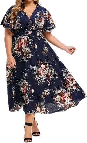 Summer New Dresses Plus Loose Fashion Floral Print Butterfly Sleeve Midi Dress Ladies Wedding Dress