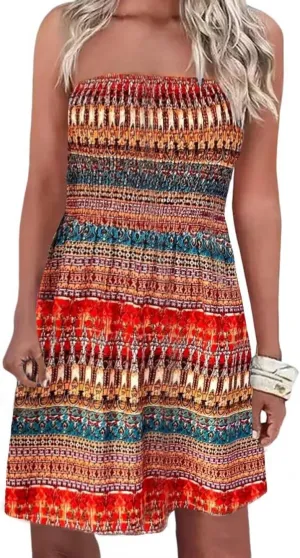 Summer Sexy Smocked Strapless Bandeau Dress for Women Beach Boho Strapless Cover Ups Off Shoulder Floral Sundresses