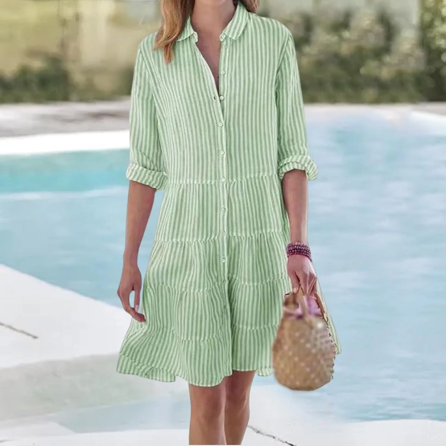 Summer Shirt Dress for Women Long Sleeve Button Down Dresses V Neck Tiered Collared Flowy Maxi Dress Beach Sundress