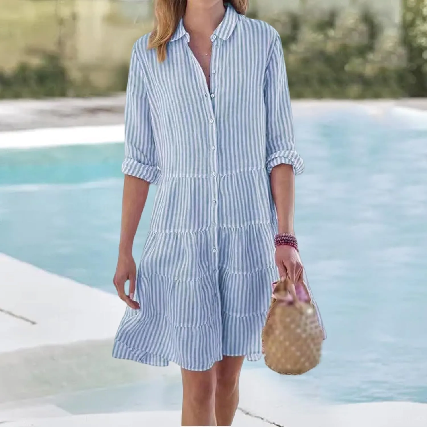 Summer Shirt Dress for Women Long Sleeve Button Down Dresses V Neck Tiered Collared Flowy Maxi Dress Beach Sundress