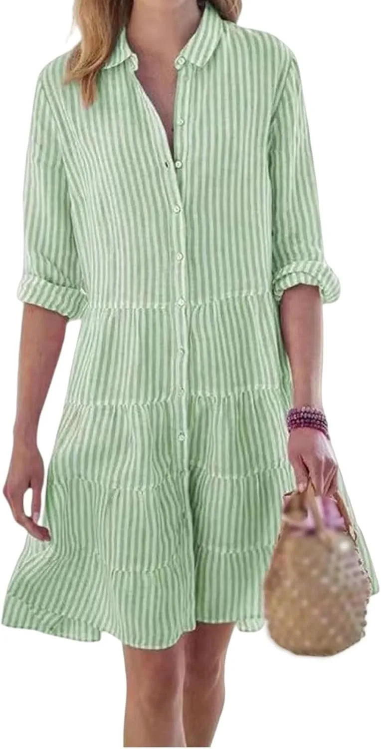 Summer Shirt Dress for Women Long Sleeve Button Down Dresses V Neck Tiered Collared Flowy Maxi Dress Beach Sundress
