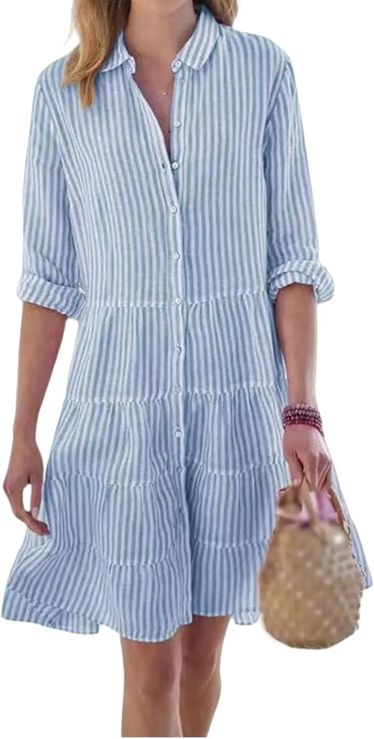 Summer Shirt Dress for Women Long Sleeve Button Down Dresses V Neck Tiered Collared Flowy Maxi Dress Beach Sundress