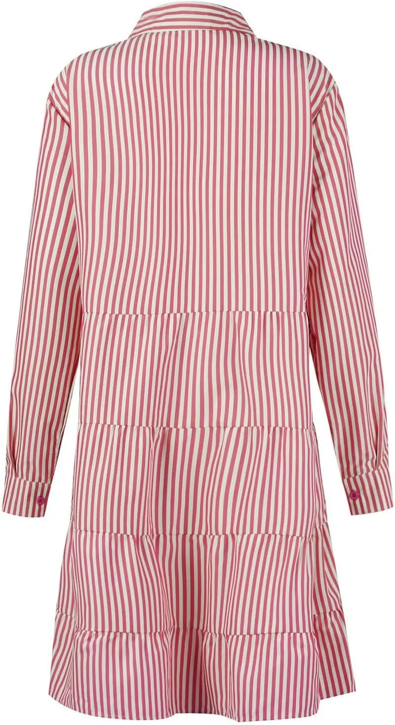Summer Shirt Dress for Women Long Sleeve Button Down Dresses V Neck Tiered Collared Flowy Maxi Dress Beach Sundress