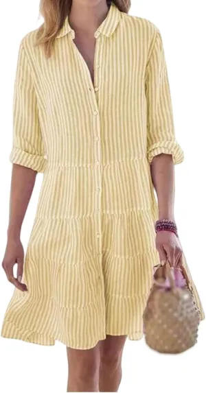Summer Shirt Dress for Women Long Sleeve Button Down Dresses V Neck Tiered Collared Flowy Maxi Dress Beach Sundress