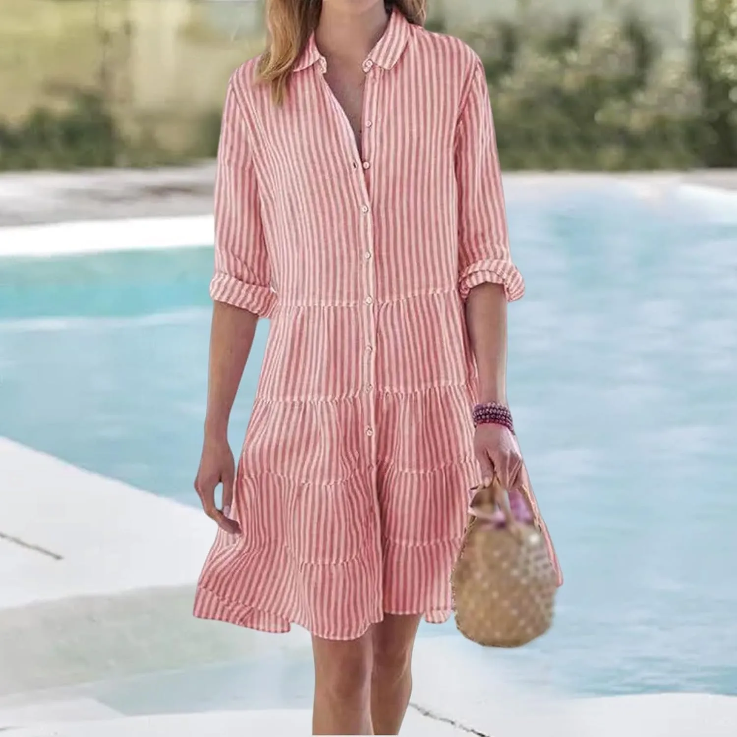 Summer Shirt Dress for Women Long Sleeve Button Down Dresses V Neck Tiered Collared Flowy Maxi Dress Beach Sundress