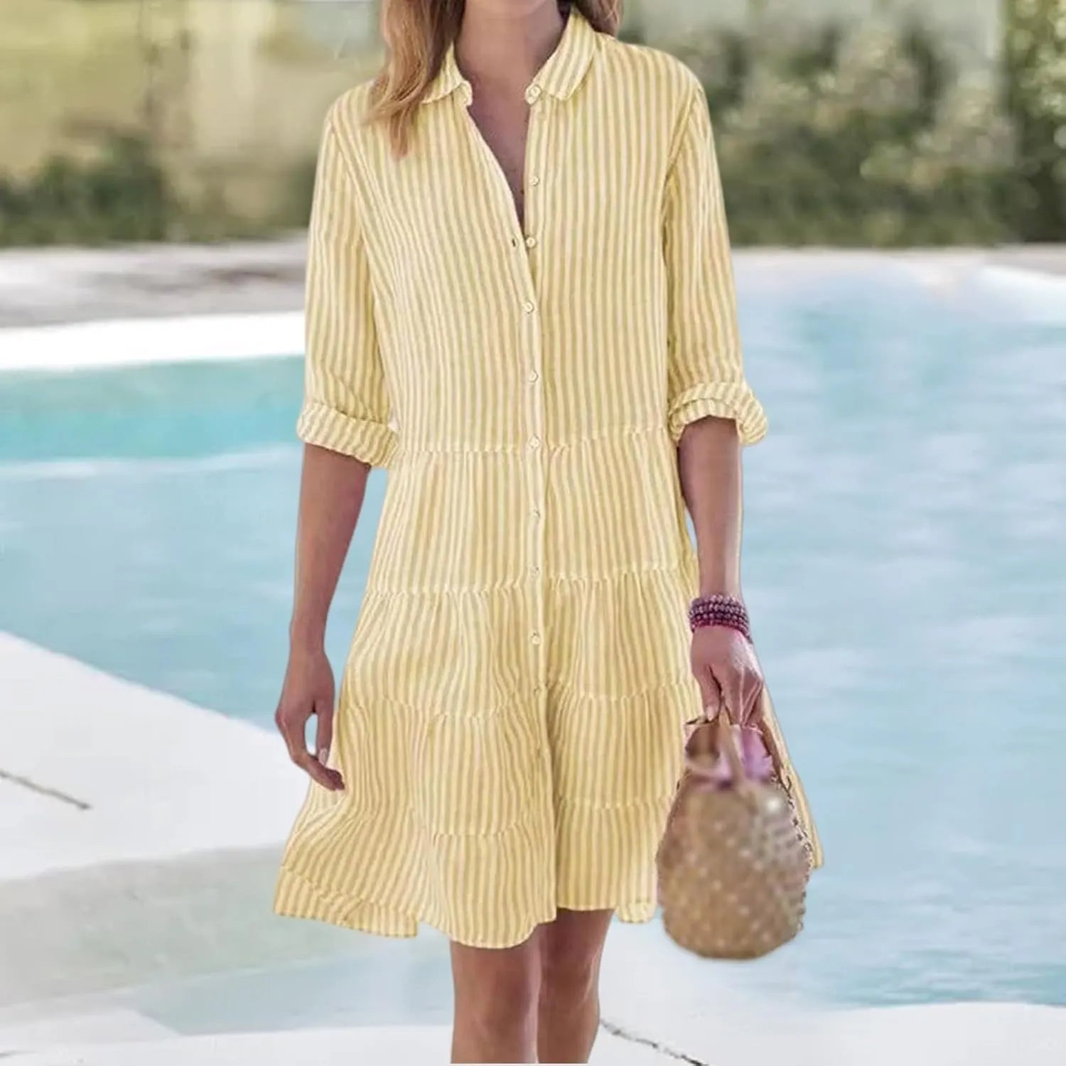 Summer Shirt Dress for Women Long Sleeve Button Down Dresses V Neck Tiered Collared Flowy Maxi Dress Beach Sundress