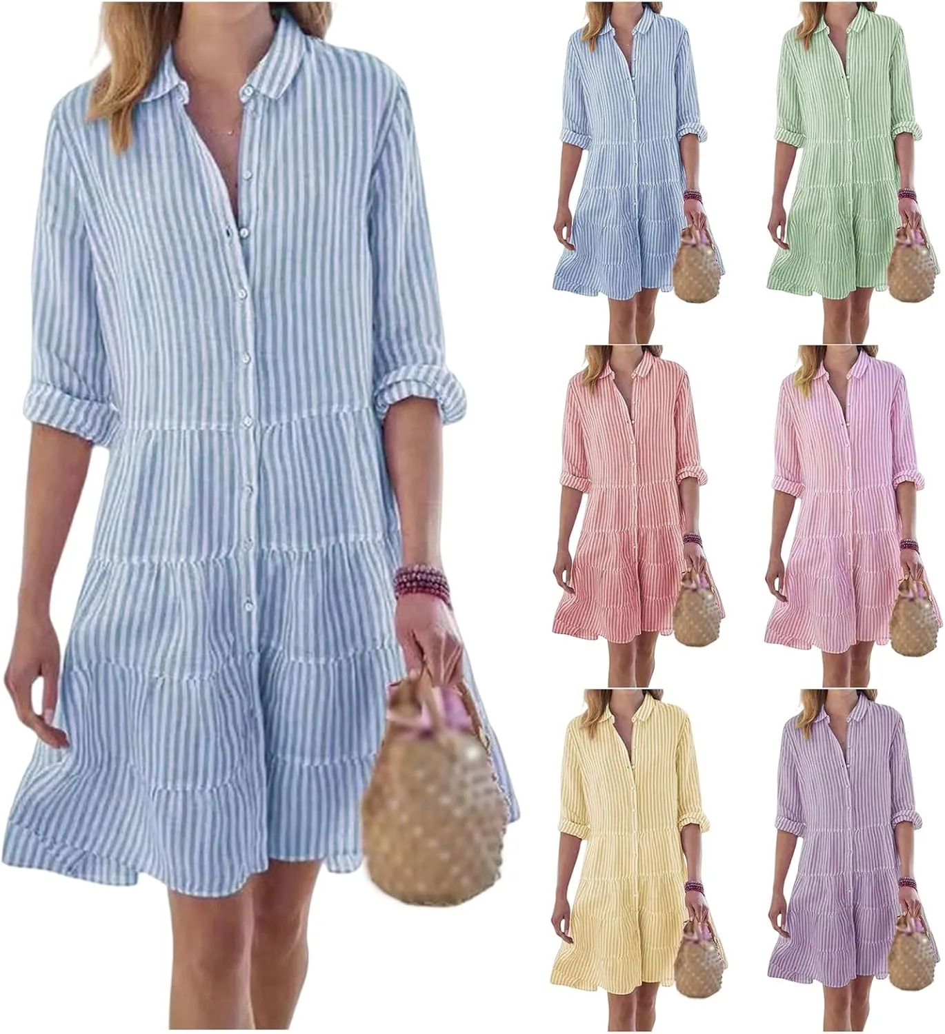 Summer Shirt Dress for Women Long Sleeve Button Down Dresses V Neck Tiered Collared Flowy Maxi Dress Beach Sundress