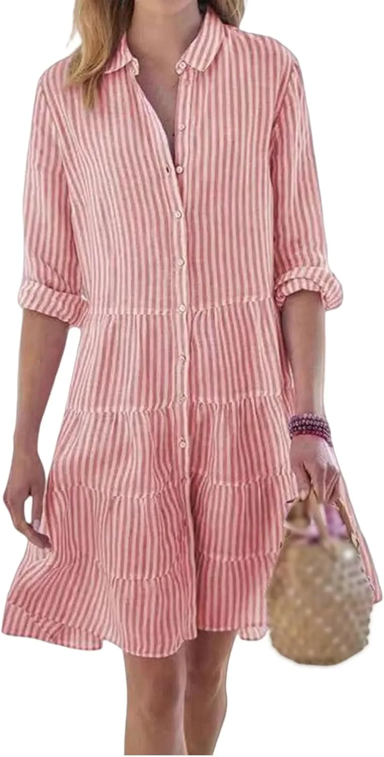 Summer Shirt Dress for Women Long Sleeve Button Down Dresses V Neck Tiered Collared Flowy Maxi Dress Beach Sundress