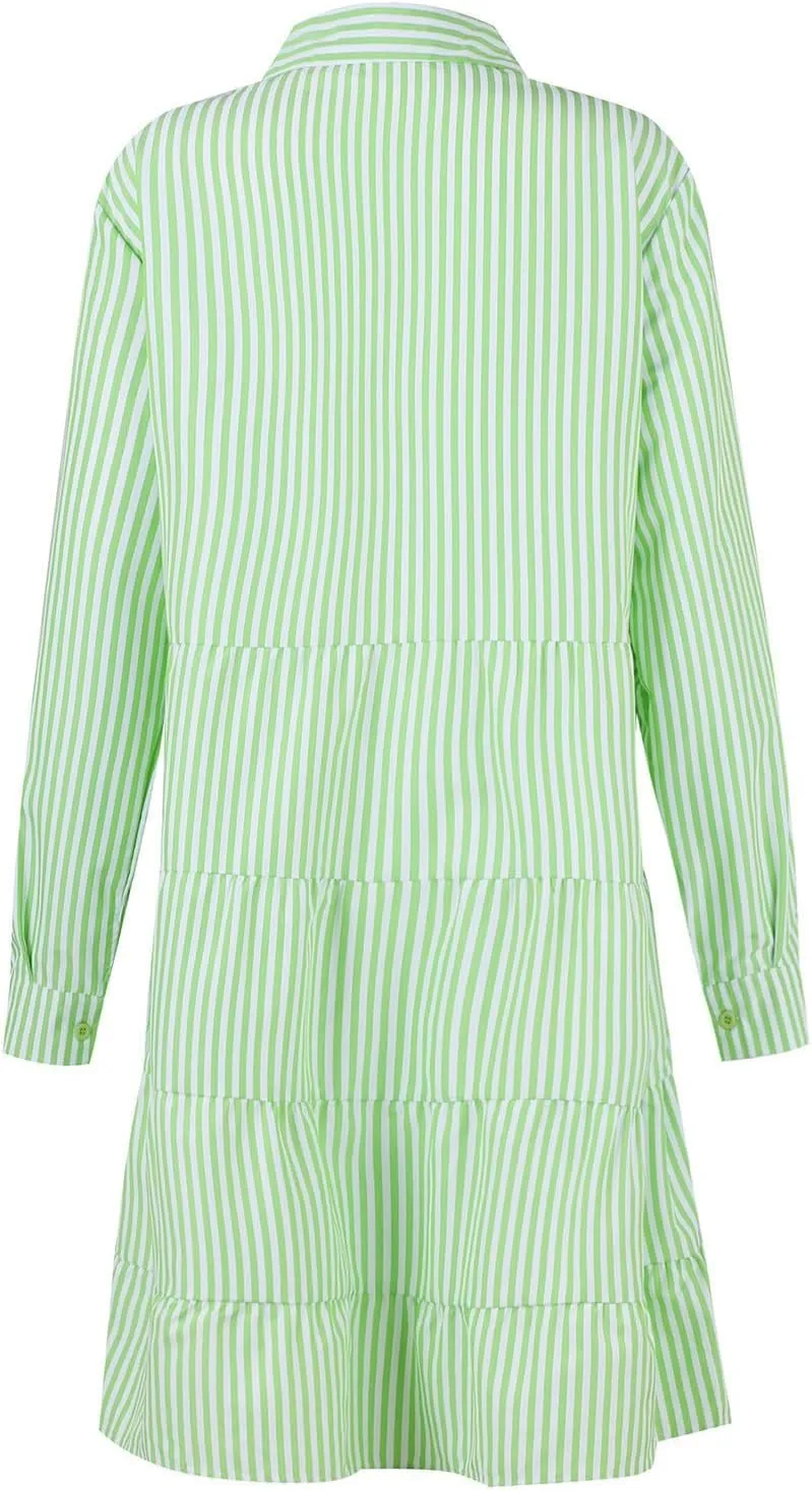 Summer Shirt Dress for Women Long Sleeve Button Down Dresses V Neck Tiered Collared Flowy Maxi Dress Beach Sundress