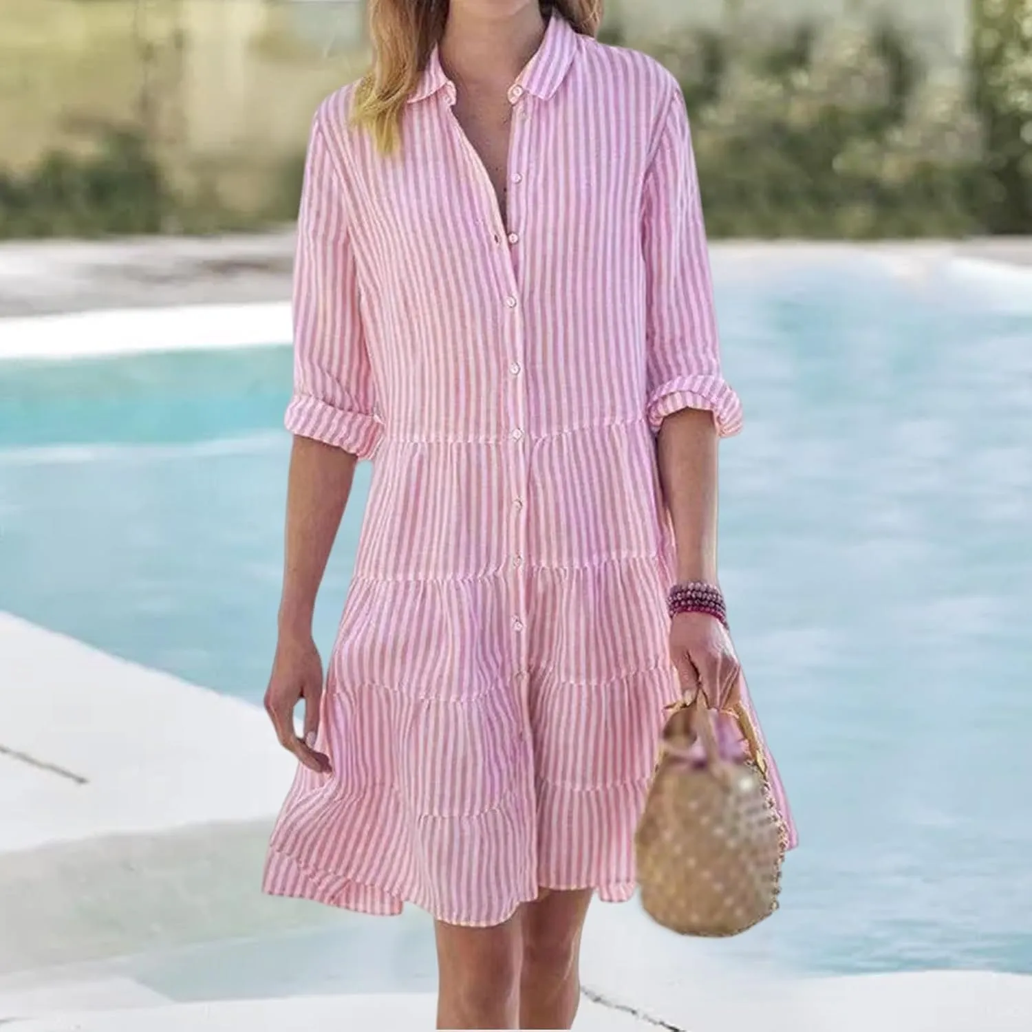 Summer Shirt Dress for Women Long Sleeve Button Down Dresses V Neck Tiered Collared Flowy Maxi Dress Beach Sundress