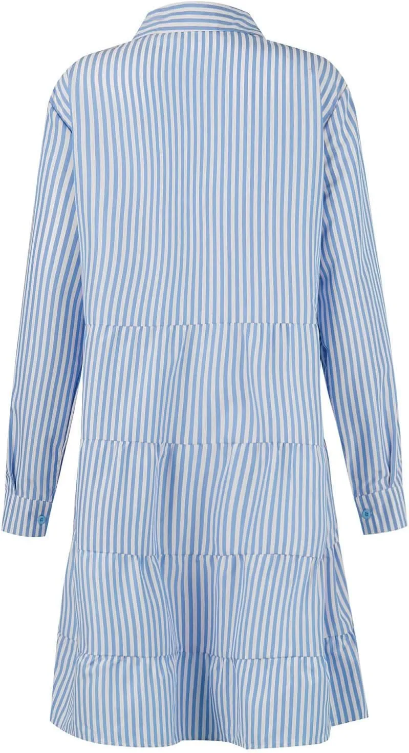 Summer Shirt Dress for Women Long Sleeve Button Down Dresses V Neck Tiered Collared Flowy Maxi Dress Beach Sundress