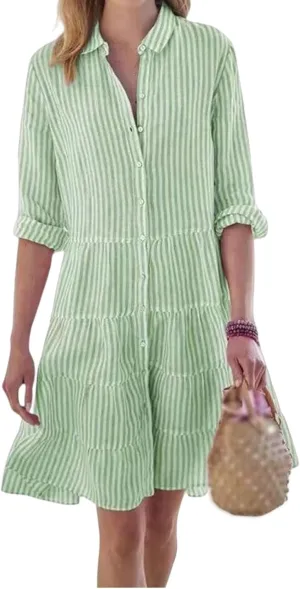 Summer Shirt Dress for Women Long Sleeve Button Down Dresses V Neck Tiered Collared Flowy Maxi Dress Beach Sundress
