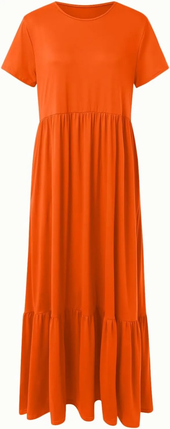 Summer Shirt Dresses For Women 2025 Crewneck Tiered Maxi Dresses Short Sleeve Flowy Beach Sundresses with Pockets