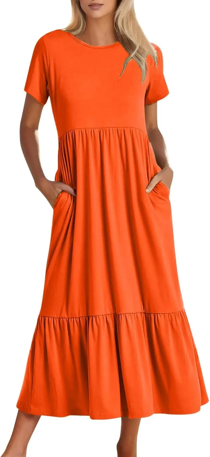 Summer Shirt Dresses For Women 2025 Crewneck Tiered Maxi Dresses Short Sleeve Flowy Beach Sundresses with Pockets
