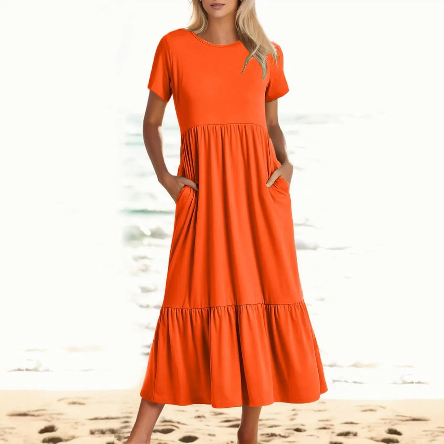 Summer Shirt Dresses For Women 2025 Crewneck Tiered Maxi Dresses Short Sleeve Flowy Beach Sundresses with Pockets