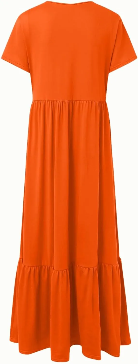 Summer Shirt Dresses For Women 2025 Crewneck Tiered Maxi Dresses Short Sleeve Flowy Beach Sundresses with Pockets