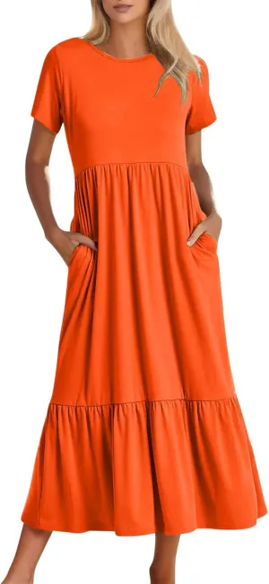 Summer Shirt Dresses For Women 2025 Crewneck Tiered Maxi Dresses Short Sleeve Flowy Beach Sundresses with Pockets
